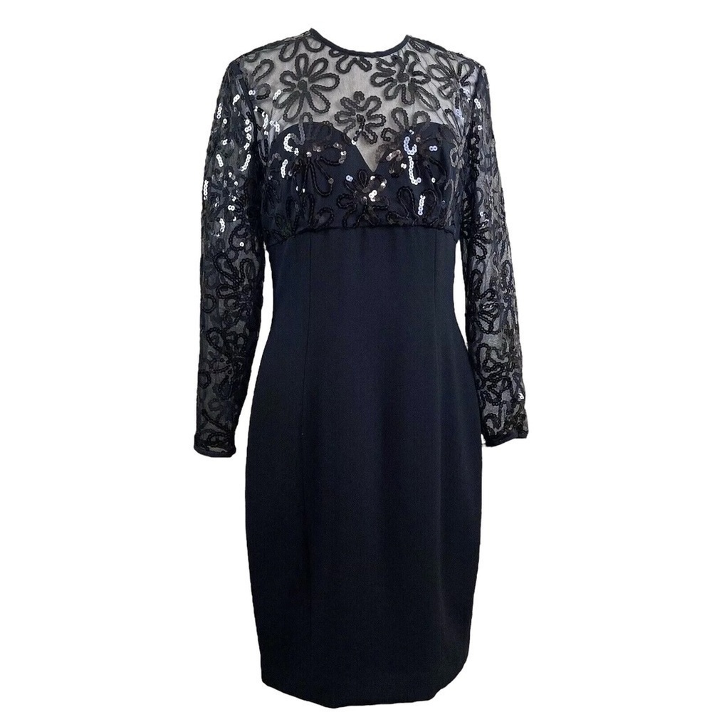 Vtg AJ Bari Sequined Floral Mod Sheer Mesh Cocktail Evening Dress Black Size 10